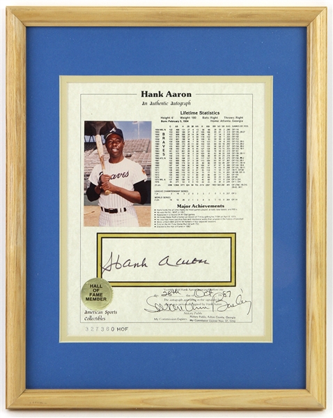 1987 Hank Aaron Atlanta Braves Signed 12"x 15" Framed Authentic Autograph (JSA)