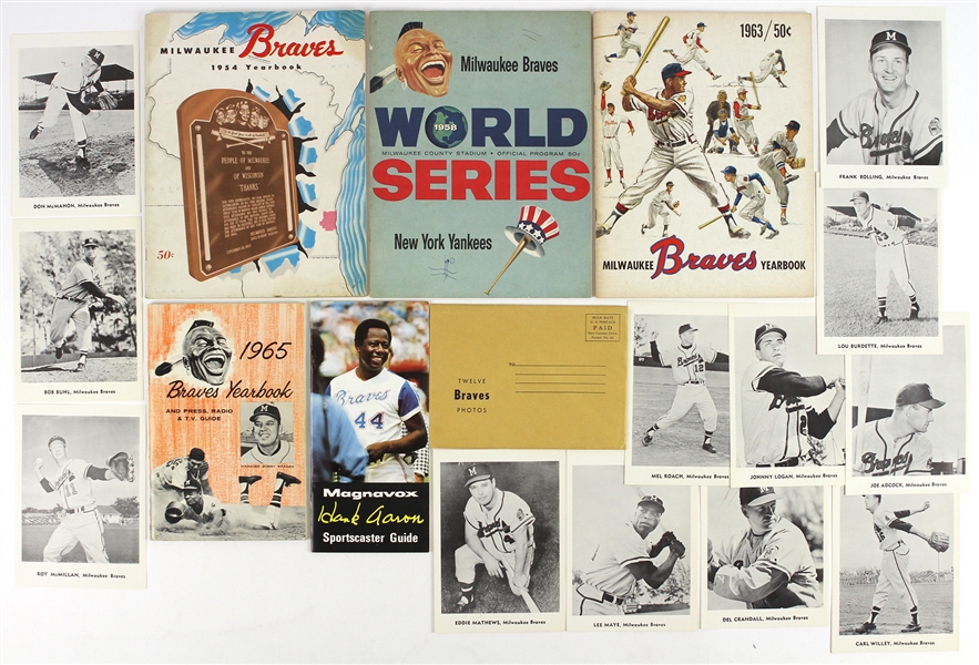 1954-74 Milwaukee Braves Memorabilia Collection - Lot of 17 w/ 1958 World Series Program, Yearbooks, Photos, Hank Aaron Guide & More