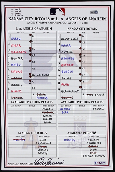 2010 Zack Greinke Kansas City Royals at L.A. Angels of Anaheim Game-Used Lineup Card Signed by Mike Scioscia 