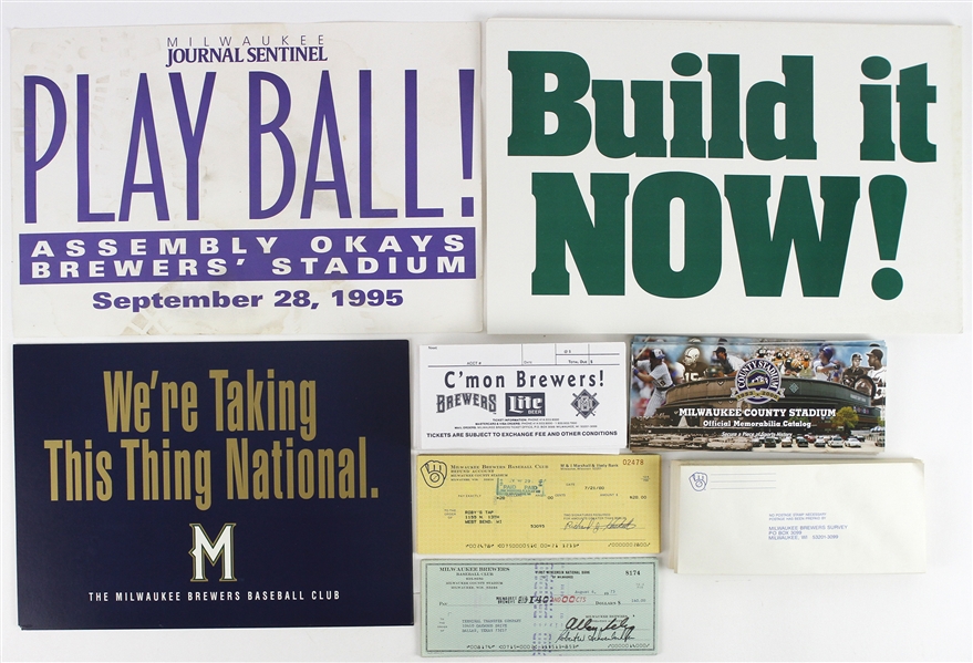 1970s-90s Milwaukee Brewers Memorabilia Collection - Lot of 168 w/ Bud Selig Signed Checks, Signage & More