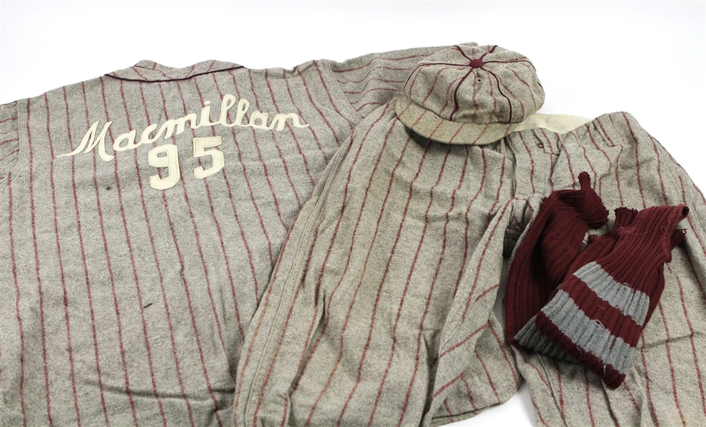 1910s-20s Fikel Macmillan 95 Game Worn Goldsmith Baseball Uniform w/ Jersey Pants, Cap & Stirrups (MEARS LOA)