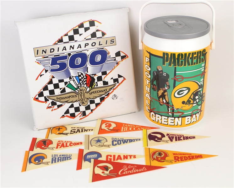 1970s-1990s Football Mini Pennants, Green Bay Packers Cooler, & Indy 500 Seat Cushion