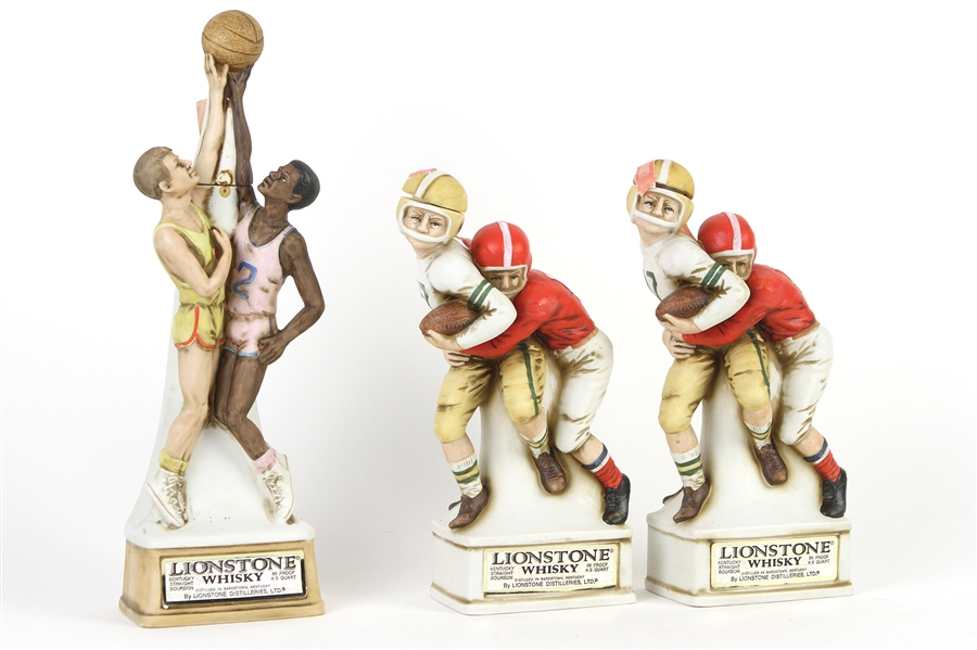 1974 Lionstone Whiskey Sculptured Porcelain Football and Basketball Decanters (Lot of 3)