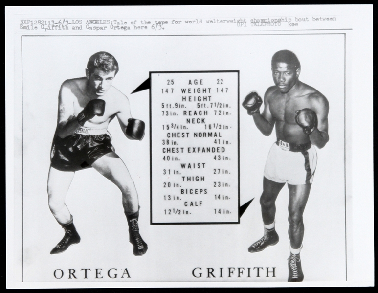 1961 Gaspar Ortega vs Emile Griffith Tale of the Tape 7"x 9" Photo 
