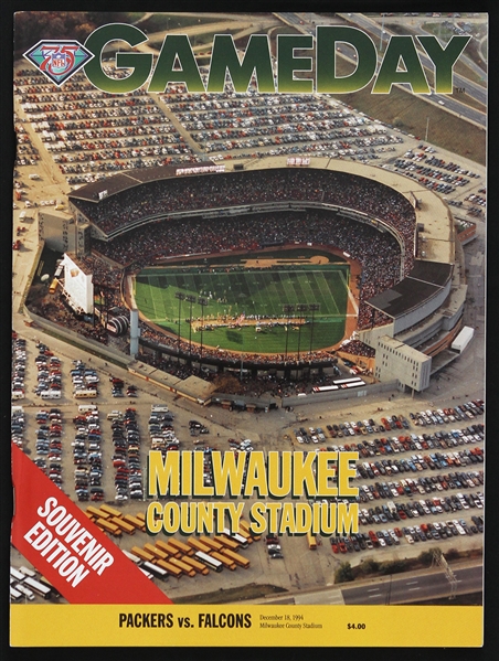 1994 Green Bay Packers vs Atlanta Falcons Milwaukee County Stadium Game Day Program "Packers Last Game At County Stadium/Favre Game Winning TD Dash"