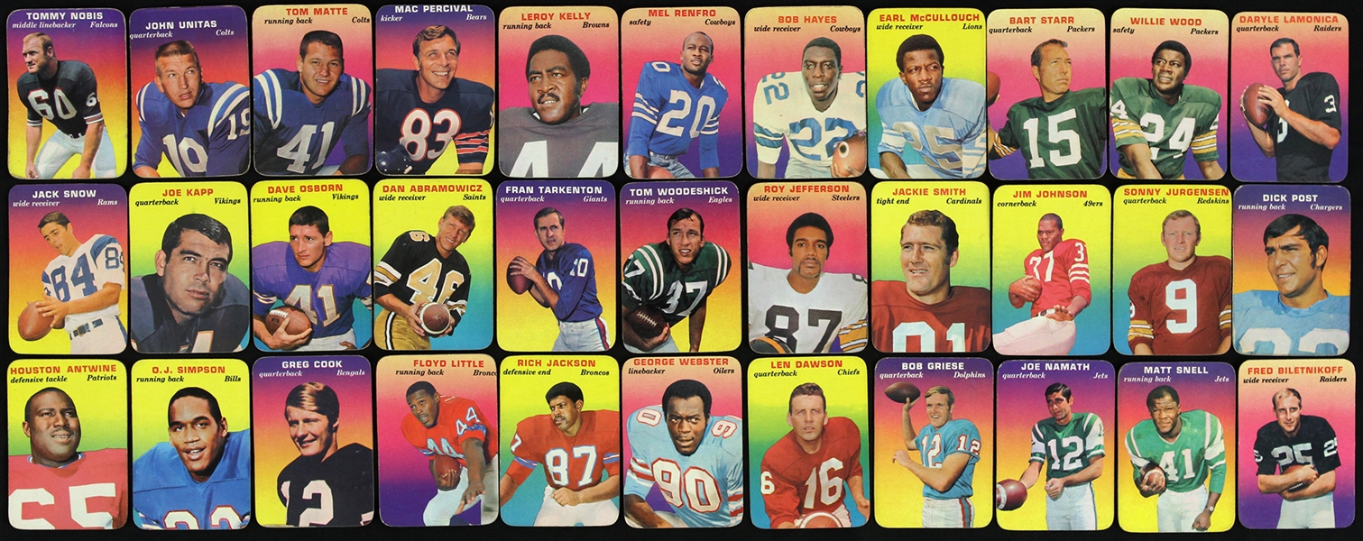 1970 Topps Super Glossy Football Trading Cards Including Joe Namath, Dick Post, John Unitas, and more (Lot of 32)