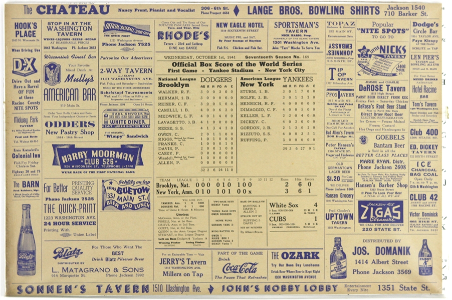 1941 Brooklyn Dodgers vs. New York Yankees World Series Game 1 Racine, WI Newspaper 