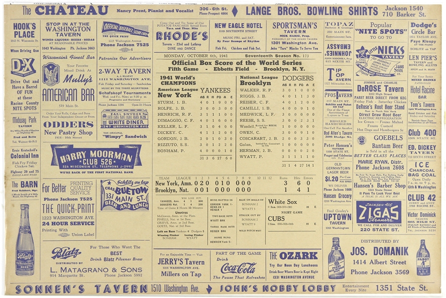 1941 New York Yankees vs. Brooklyn Dodgers World Series Game 5 Racine, WI Newspaper 