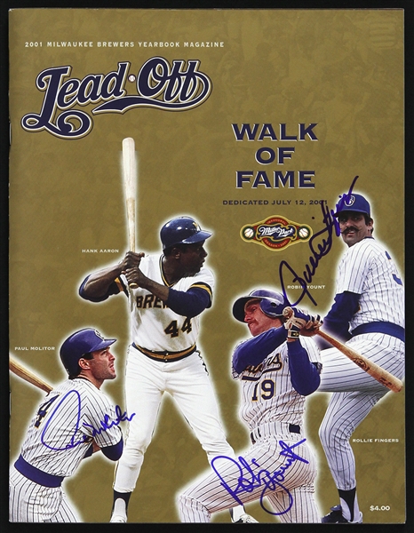 2001 Paul Molitor / Robin Yount / Rollie Fingers Milwaukee Brewers Signed Lead Off Magazine (JSA)