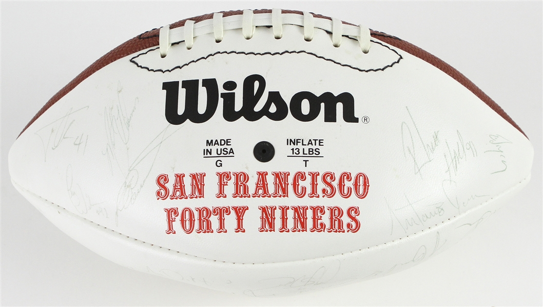 1994 San Francisco 49ers Super Bowl Champions Multi Signed NFL 75th Anniversary Autograph Panel Football w/ 44 Signatures Including Steve Young, Jerry Rice, Deion Sanders, John Taylor & More (JSA)