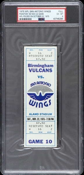 1975 Birmingham Vulcans vs San Antonio Wings Phantom WFL Full Ticket (PSA/DNA Slabbed)