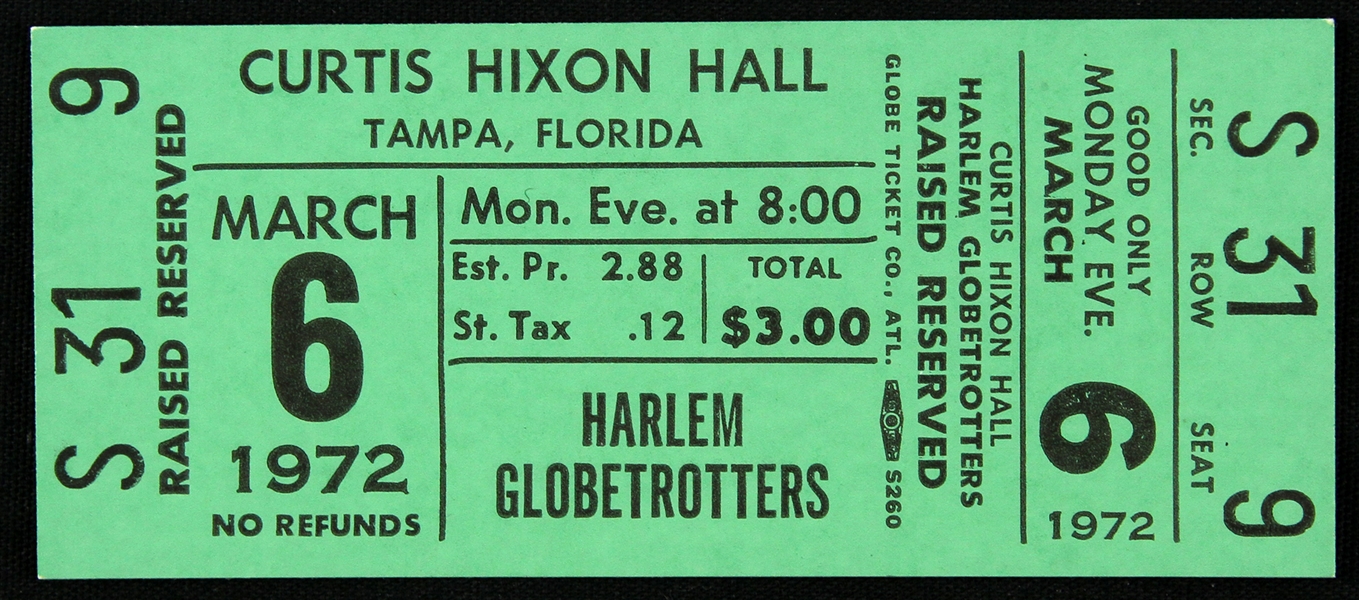 1972 Harlem Globetrotters Tampa Florida Ticket Stub 
