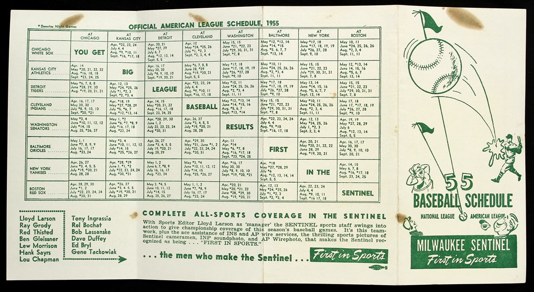 1955 Milwaukee Sentinel First in Sports National and American League Schedule 