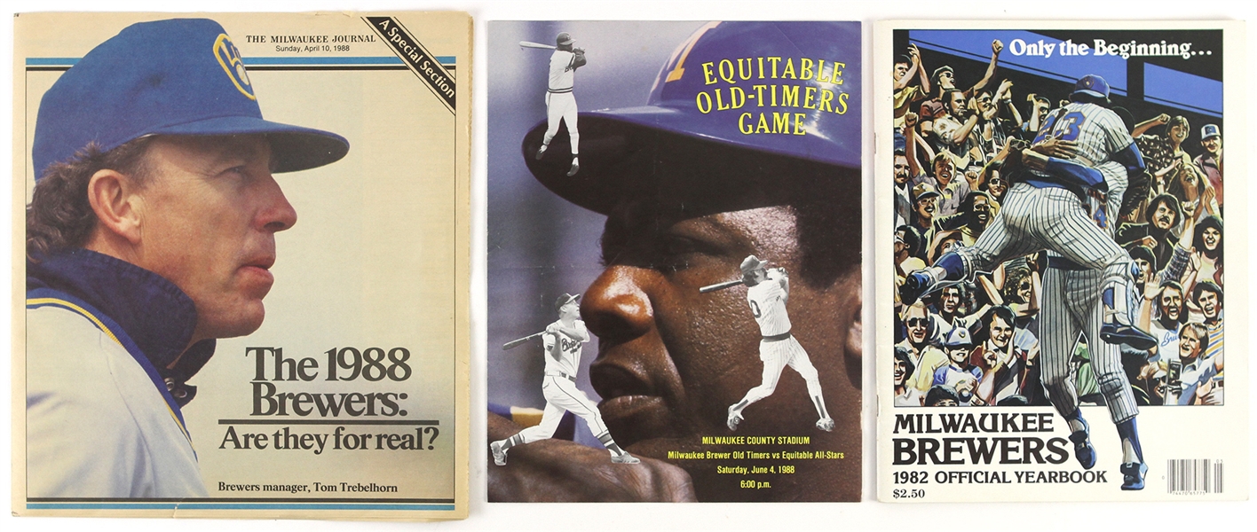 1980s Milwaukee Brewers Official Yearbook, Equitable All-Stars, and Milwaukee Journal Excerpt (Lot of 3)