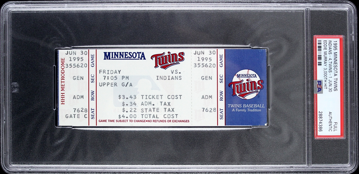1995 Minnesota Twins vs Cleveland Indians Eddie Murray 3,000th Hit Full Ticket (PSA/DNA Slabbed) 
