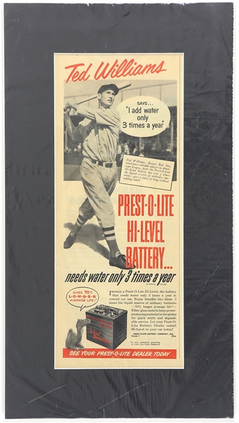 1950s Ted Williams Boston Red Sox Prest-O-Lite Hi-Level Battery 9"x 17" Mounted Advertisement
