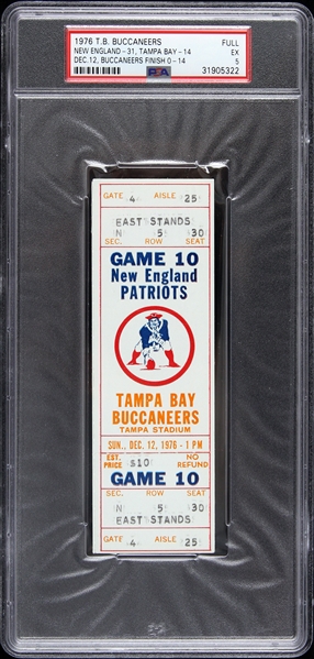 1976 New England Patriots vs. Tampa Bay Buccaneers Game 10 Full Ticket (PSA/DNA Slabbed)