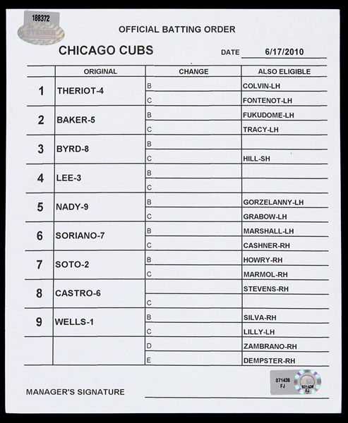 2010 Chicago Cubs vs. Oakland As Game-Used Batting Line-Up Card w/ Starlin Castros 3rd Career Hit Double Game (Steiner Sports LOA) 