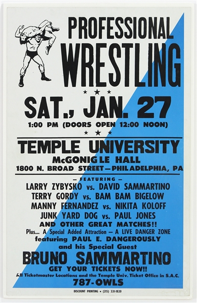 1980s Professional Wrestling 14"x 22" Temple University Philadelphia Poster w/ Larry Zybysko, Bruno Sammartino, and more