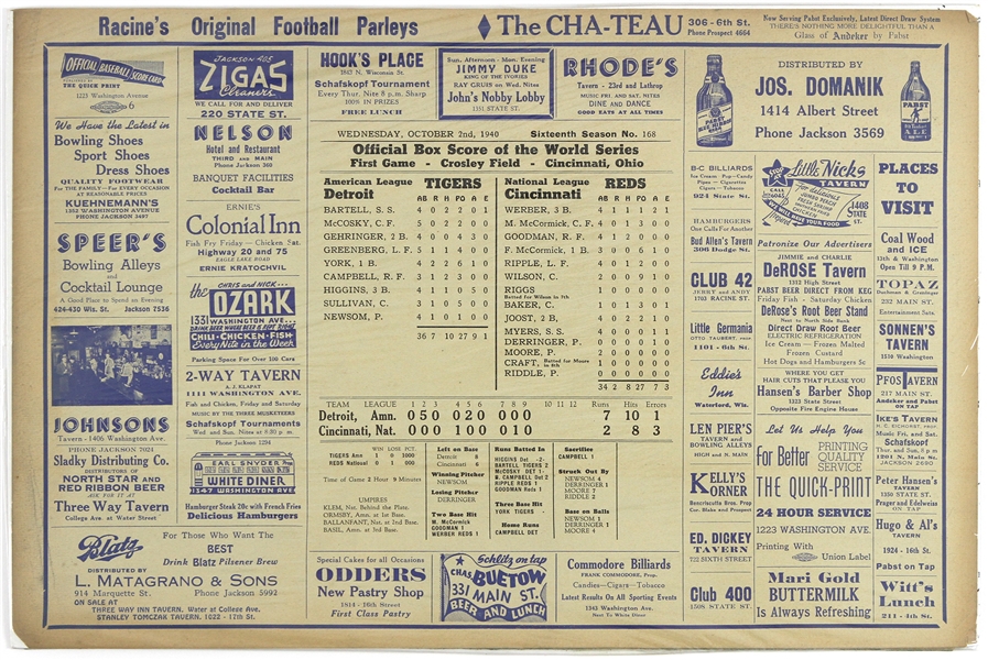1940 Detroit Tigers vs. Cincinnati Reds Worlds Series Game 1 Racine, WI Newspaper