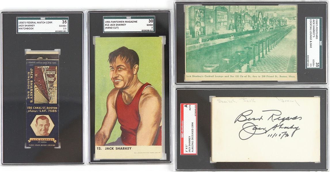 1930s-50s Jack Sharkey World Heavyweight Champion Memorabilia Collection - Lot of 4 w/ SGC Slabbed Signed Index Card, Postcard, Match Book & More