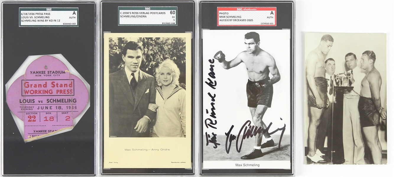1930s-60s Joe Louis Max Schmeling World Heavyweight Champions Memorabilia Collection - Lot of 4 w/ SGC Slabbed Signed Photo, Press Pass & Postcards