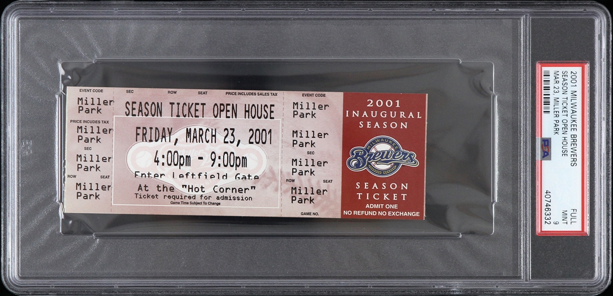 2001 Milwaukee Brewers Miller Park Open House Full Ticket (PSA/DNA Slabbed)