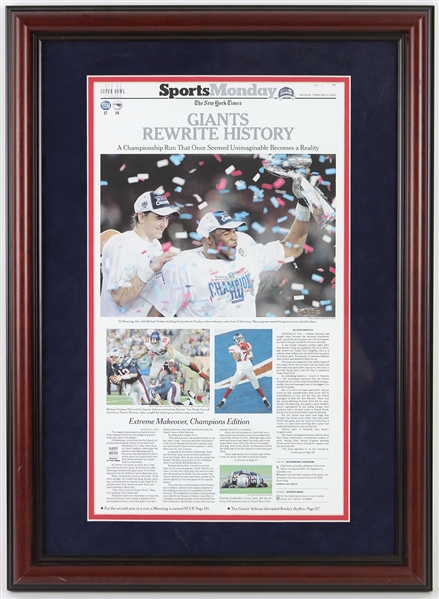 2008 Michael Strahan & Eli Manning New York Giants Signed 17"x 22" Framed New York Times Superbowl Article (JSA)