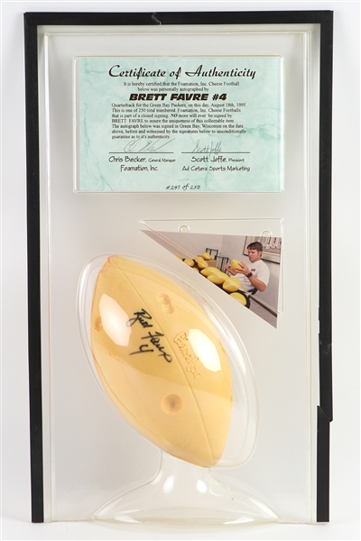 1995 Brett Favre Green Bay Packers Signed Foamnation Cheese Football Display (JSA) 247/250