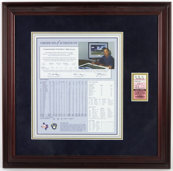 1990 Nolan Ryan Texas Rangers 300th Major League Victory 21"x 21" Framed Certificate of Authenticity & Ticket Stub 