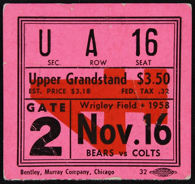 1958 Chicago Bears vs Baltimore Colts Ticket Stub 