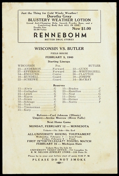 1940 Rennebohm Drug Stores Wisconsin vs Butler Starting Line-Ups Handbill 