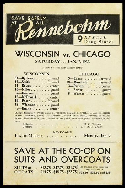 1933 Rennebohm Drug Stores Wisconsin vs Chicago Starting Line-Ups Handbill 