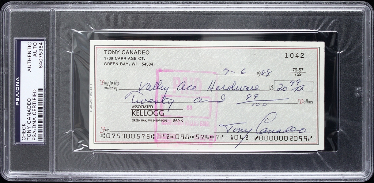 1988 Tony Canadeo Green Bay Packers Signed Check (PSA/DNA Slabbed)