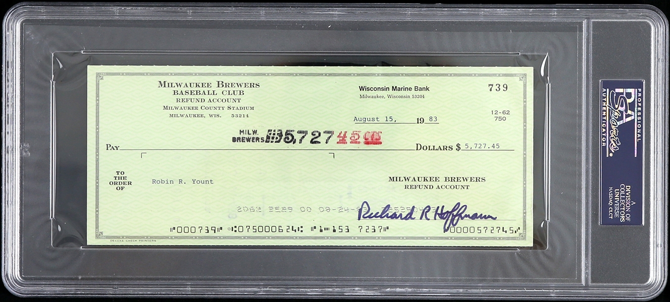 1983 Robin Yount Milwaukee Brewers Signed Check (PSA/DNA Slabbed)
