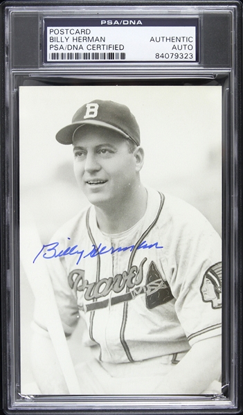 1946 Billy Herman Boston Braves Signed 3"x 5" Postcard (PSA/DNA Slabbed)