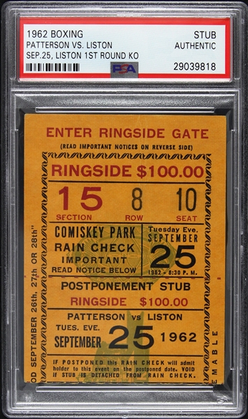 1962 Floyd Patterson vs Sonny Liston Boxing Ticket Stub (PSA/DNA Slabbed)