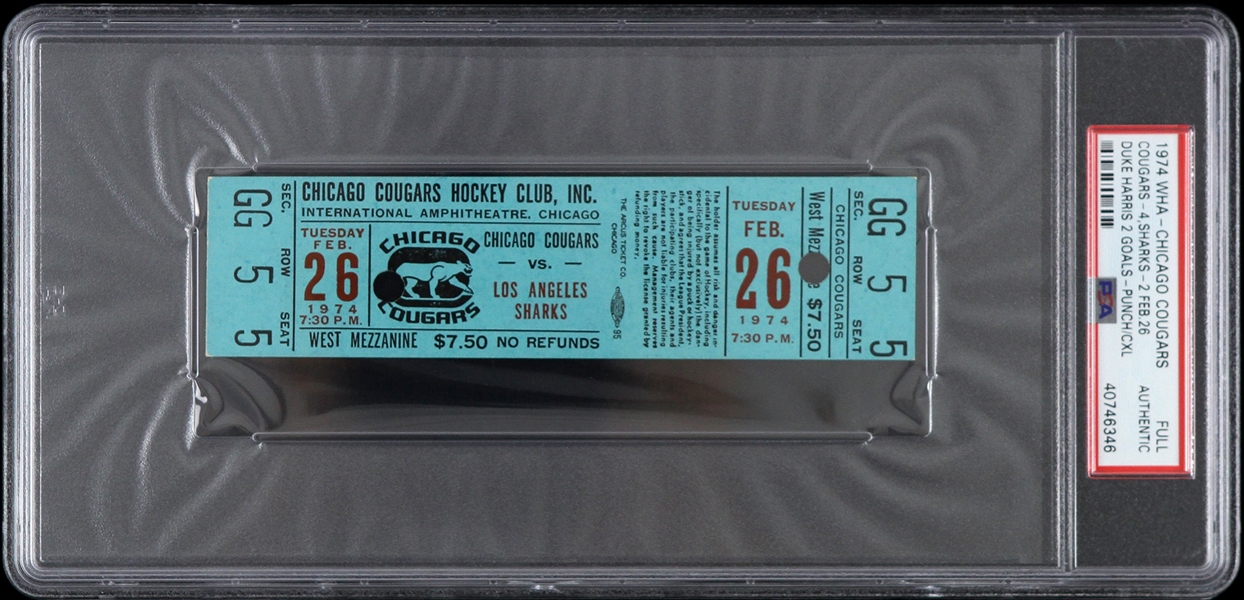 1974 Chicago Cougars vs Los Angeles Sharks WHA Full Ticket (PSA/DNA Slabbed)