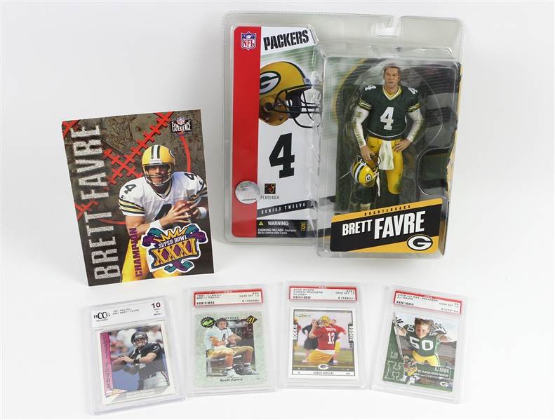 1991-2006 Brett Favre Aaron Rodgers AJ Hawk Green Bay Packers Memorabilia - Lot of 6 w/ Slabbed Cards, MIB McFarlane Figure & More