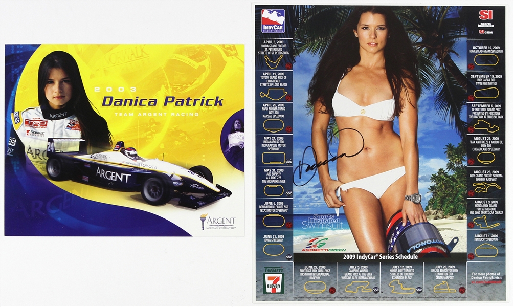 2009 Danica Patrick Signed 10.5" x 12.5" SI Swimsuit IndyCar Series Schedule w/ 2003 Team Argent Racing Card (JSA)