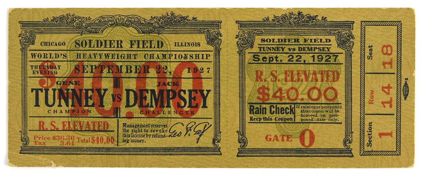 1927 Gene Tunney Jack Dempsey Soldier Field World Heavyweight Championship Bout Ticket