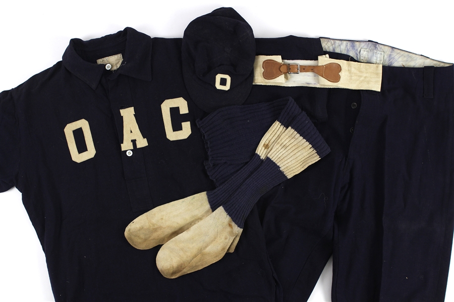 1890s-1900s OAC Game Worn Sears Roebuck Flannel Baseball Uniform w/ Jersey, Pants, Cap, Stripped Socks & Belt