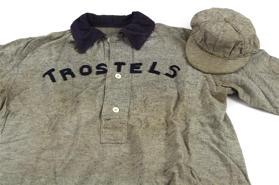 1890s-1900s Trostels Game Worn Collared Flannel Baseball Jersey & Cap (MEARS LOA)