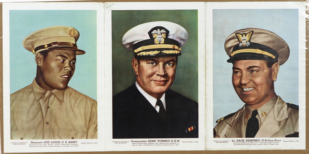 1942 Joe Louis / Gene Tunney / Jack Dempsey Boxers in Military 15"x 30" Chicago Sun Supplement 