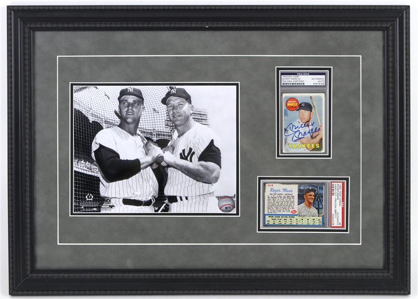New York Yankees Mickey Mantle and Roger Maris Signed Slabbed Cards PSA/DNA Framed With 8x10 Photo