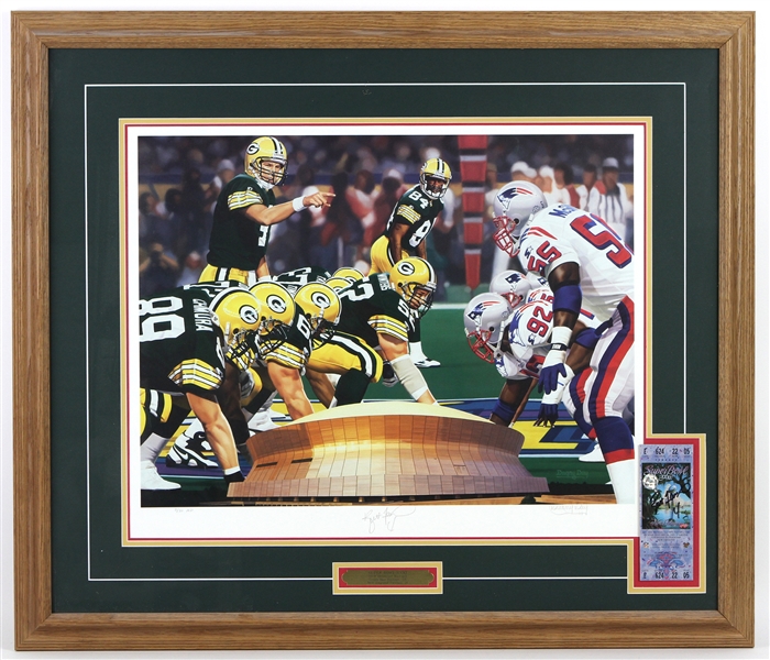 Brett Favre Autographed "Super Bowl XXI by Danny Day" Framed 20 x 25" Lithograph and Super Bowl Ticket (JSA)  