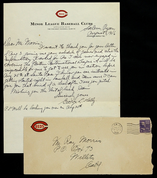 1946 George L Kelly Cincinnati Reds Minor League Baseball Club Hand Written Letter & Envelope (JSA)