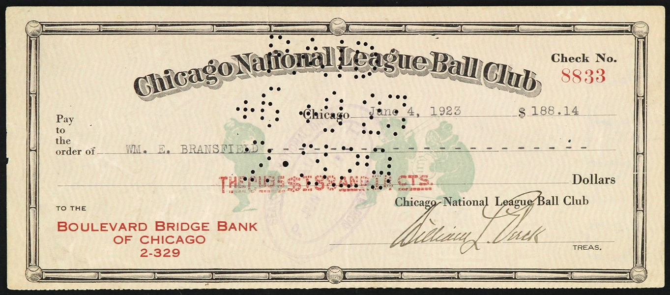 1923 William Veeck Sr. Signed Chicago Cubs Payroll Check (JSA)