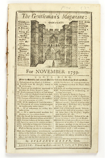 1759 November The Gentlemans Magazine w/ French Indian War Battlemap