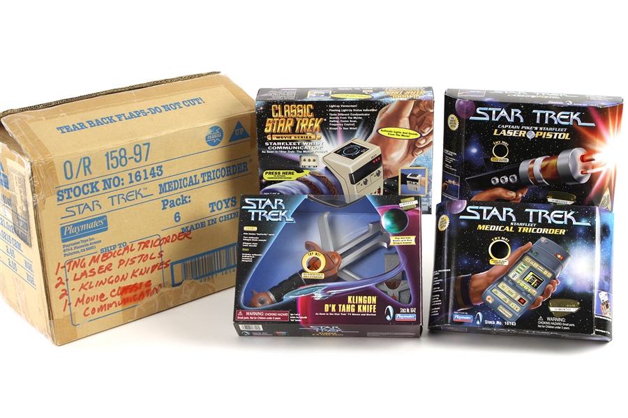 1996-97 Star Trek MIB Toy Collection - Lot of 6 w/ Starfleet Wrist Communicator, Medical Tricorder, (2) Laser Pistols & (2) Klingon DK Tahg Knives